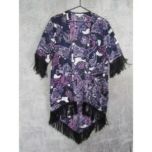 Charming Charlie Womens Medium Purple Paisley Fringe Kimono Open Front Cardigan